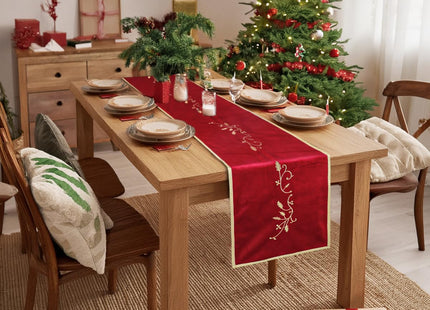 MelonBoat Red Velvet Table Runner with Gold Embroidered Holly Leaf, Luxury Christmas Table Runner for Home Party Decor