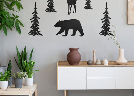 Moxweyeni 6 Pcs Metal Pine Tree Wall Art, Deer Bear Decor, Black
