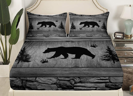 Manfei Rustic Bear Sheet Set Twin Size, Black Trees Deer Paw Print Bed Sheet Set 3pcs with Deep Pocket Fitted Sheet + Flat Sheet + 1 Pillowcase, Grey Wooden Plank Bedding Set for Kids Boy Room Decor