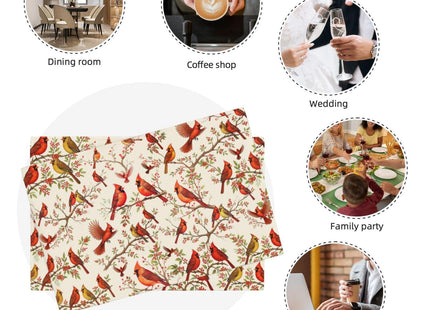 Red Cardinal Linen Placemats Set of 4, Washable Non-Slip Heat-Resistant Bird Berry Printed Table Mats for Kitchen Dining Table, Gift for Bird Lovers, Nature & Christmas Enthusiasts, Kitchen Home Decor