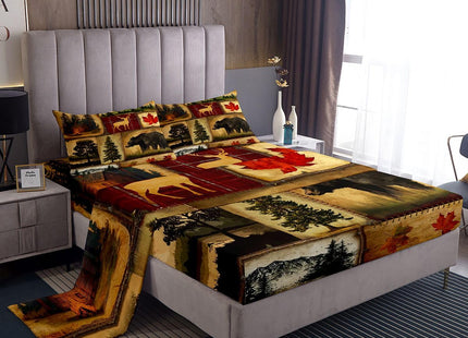 Rustic Farmhouse Bed Sheets Set Full Size, Retro Cabin Lodge Sheets, Hunting Bear Deer Sheet Set, Country Maple Leaves Bedding Set, Rustic Woodland Pine Tree Flat Fitted Sheet, Red Brown, 4Pcs