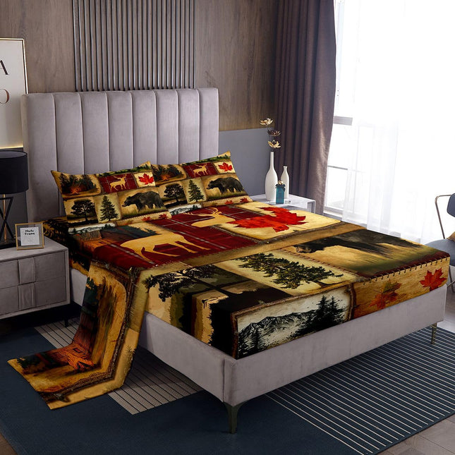 Rustic Farmhouse Bed Sheets Set Full Size, Retro Cabin Lodge Sheets, Hunting Bear Deer Sheet Set, Country Maple Leaves Bedding Set, Rustic Woodland Pine Tree Flat Fitted Sheet, Red Brown, 4Pcs