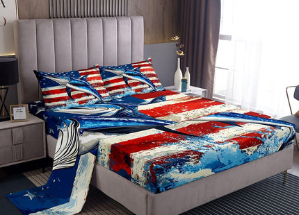 Marlin Swordfish Bed Sheets Boys American Flag Fitted Sheet, Hunting and Fishing Sheet Set for Kids Teens Adult Bedroom Marine Life Ocean Animal Top Sheet with 1 Pillow Case, Blue Red, Twin