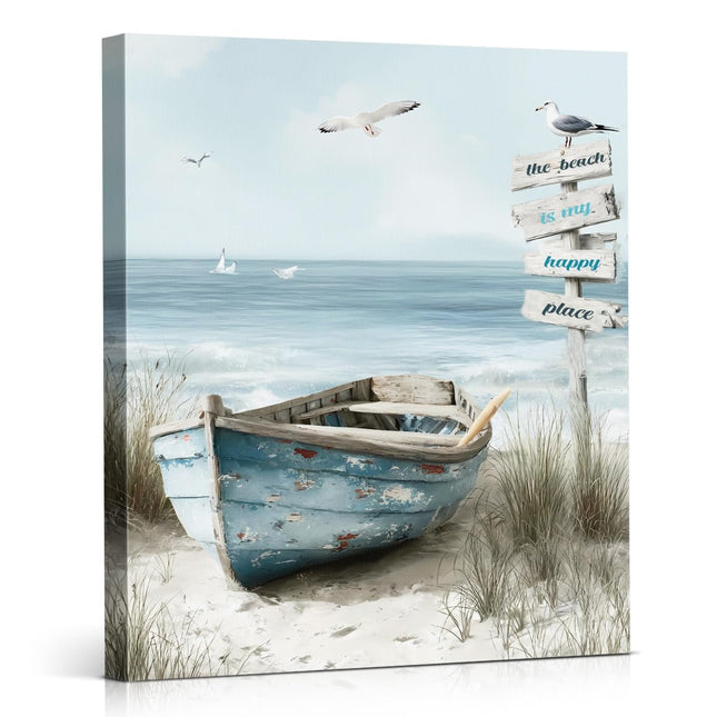Coastal Beach Wall Art Ocean Boat Seagull Seascape Canvas Print Framed