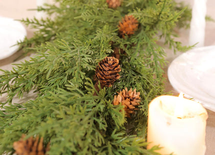 WBHome 2pcs Real Touch Cypress Cedar & Pine Cone Evergreen Garland for Christmas Holiday Seasonal Outdoor/Indoor Home Decor, 9FT Long