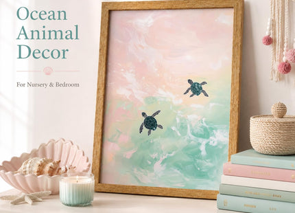 Framed Coastal Turtle Wall Art,Ocean Animal Picture,Summer Wall Decor