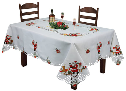 Creative Linens Holiday Christmas Tablecloth 70x90 with 8 Napkins, Embroidered Santa Reindeer Red Poinsettia, Winter Table Linen, Rectangular, White