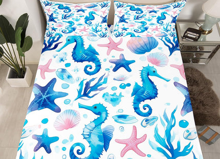 Erosebridal Blue Seahorse Fitted Sheet Full for Kids Boys Girls,Marine Life Ocean Animal Bedding Set Nautical Bedroom Decor,Sea Shell Starfish Bed Set Coastal Beach Bottom Sheets Only (3Pcs)