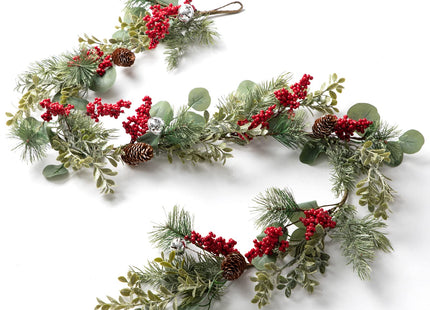 LOHASBEE Artificial Christmas Garland, 5 Feet Pine Cone Eucalyptus Garland with Red Berries, Bells & Greenery Glitter for Christmas Indoor Outdoor Garden Gate Front Door Home Wall Window Stair Decor