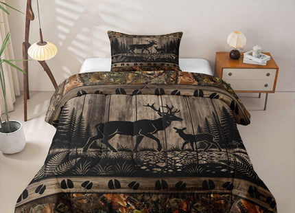 Feelyou Farmhouse Deer Bedding Set Soft for Boys Girls, Camo Woodland Hunting Comforter Set Toddler Size Rustic Cabin Duvet Quilt Microfiber Wildlife Animal Bedroom Decor 2 Pcs with 1 Pillow Cases