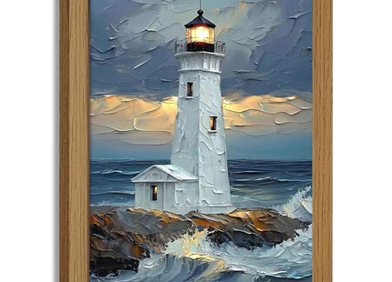 Moarmxiy Blue Ocean Island Lighthouse Wall Art, 24x16inch Wood Framed
