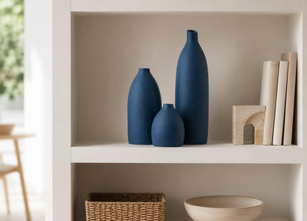 Mdaolv Matte Blue Vase Set Navy Blue Decor Coastal Decor Vases for Kitchen Island Living Room Office Table Fireplace Mantle Decorations & Bathroom Shelf Decor Centerpiece Table Decorations Ceramic