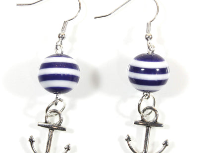 "Navy Lover Silvertone", Dark Navy Blue Striped Anchor Earrings