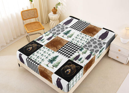 Kids Rustic Black Bear Bed Sheets Twin Woodland Animal Fitted Sheet For Boys Teen Men,Patchwork Black White Grey Buffalo Plaid Sheet Set Farmhouse Wooden Pine Tree Bear Paw Flat Sheet 3 Pcs