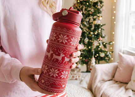 Stainless Steel Water Bottle 32 Ounces with Lid & Straw, Sport Insulated Bottles for Girls Women (Xmas Reindeer Pattern)