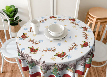 Giwawa 60in Christmas Round Tablecloth Santa Claus Sleigh Reindeer Table Cover Xmas Tree Winter Snowflakes Stain Resistant Waterproof Table Cloth for Kitchen Dining Holiday Indoor Outdoor Decor