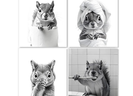 LUKIPOM Funny Squirrel Bathroom Wall Art Prints 8x10 Set of 4, Funny Squirrel Wall Art Posters for Bathroom Washroom Restroom Decor, Unframed