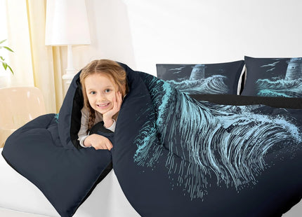 Erosebridal Nautical Comforter Set Twin, Lighthouse Down Comforter for Kids Boys Men, Ocean Wave Quilted Duvet, Surfing Coastal Bedding Comforters, Navy Blue Hand Drawn,Ultra Lightweight