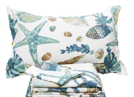FADFAY Sheet Set Queen Beach Themed Bedding Sets 100% Cotton Super Soft Coastal Bedding White Teal Seashells and Starfish Nautical Bedding with Deep Pocket Fitted Sheet 4-Pieces Queen Size