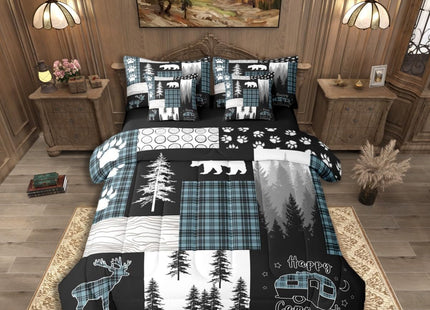 Erosebridal 7 Piece Rustic Cabin Bear Full Bedding Set, Deer Hunting Wildlife Woodland Comforter Set, Camping RV Camper Quilts Blue and Black Checkered Patchwork Bed in a Bag (Fitted + Flat Sheet)