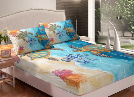 Erosebridal Sea Turtle Fitted Sheet Full for Boys Girls - Ocean Theme Bed Sheets, Blue Marble Bedding Set With Sea Animal, Starfish, Navigation Theme