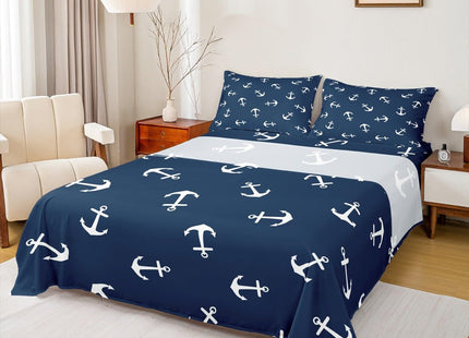 Manfei Summer Anchor Sheet Set Full Size, Nautical Anchor Bedding Set for Kids Boys Teens Room Decor, Fashion Navy Blue Bed Sheet Set 4pcs with Deep Pocket Fitted Sheet + Flat Sheet + 2 Pillowcases