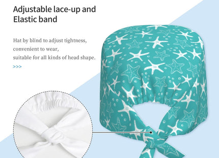 Summer Beach Coastal Sea Star Shells Starfish Blue Background Working Cap Scrub Cap with Sweatband Adjustable Unisex Women Tie Back Hat Nurse Surgical Caps