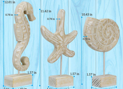 Exttlliy 3pcs Wood Starfish/Conch/Seahorse Statue Beach Ocean Coastal Decor