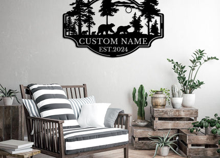 Personalized Black Bear Wall Art, Village Name Sign & Mount, Cabin Decor (Style-4)