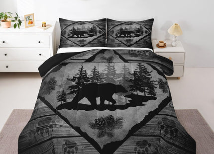 Lodge Cabin Comforter Set,Black Bear Pine Trees Decor Bedding Set for Kids Teens Adults,Wild Animal Paw Print Retro Wooden Stripes Farmhouse Comforter Duvet Set with 1 Pillowcase Twin Size 2 Pcs