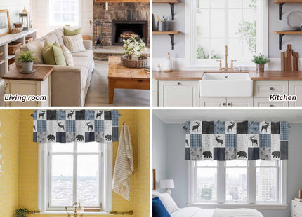 Homechoid Retro Countryside Bear Moose Woods Curtain Valance for Windows/Living Room/Kitchen/Bathroom/Farmhouse, Grey Blue Buffalo Plaid Short Rod Pocket Tier Curtain Window Treatment, 1 Panel 42x18