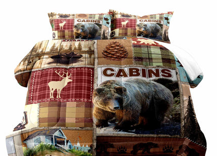 LUVIVIHOME 3PCS Rustic Cabin Comforter Set Queen Size, Bear Bedding Sets, Elk Deer Forest Woodland Animals Wildlife Hunting Country Farmhouse Red Buffalo Plaid Lodge Patchwork Quilt, 2 Pillow Shams