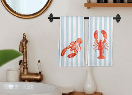 cvjutf Coastal Red Lobster Crawfish Kitchen Towels Set of 2, Beach Preppy Decor Dish Towel, East Coast Beachy Blue Striped Decor Hand Tea Towels for Bathroom Kitchen, Maine Lobster Gifts, 16x24 Inch