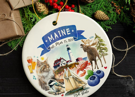 Collectible Ceramic USA Souvenir Keepsakes - Artistic Maine State Themes and Landmarks Christmas Ornament