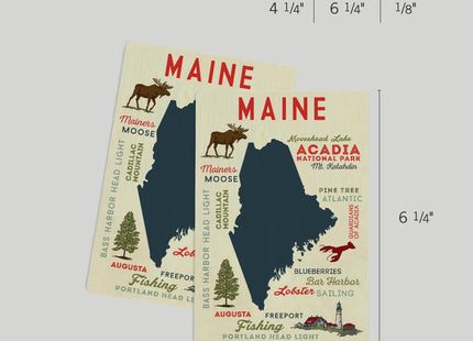 Maine, Typography and Icons (4x6 Birch Wood Postcards, 2-Pack Stationary, Rustic Home Wall Decor)