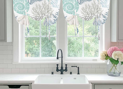 Ocean Coral Starfish Tie Up Window Shade Curtain,Nautical Coastal Shell Tie Up Curtain for Kitchen Windows,Marine Sealife Adjustable Valance Balloon Curtains,Blue Teal White Rod Pocket Panel 52x45in