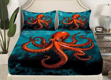 Octopus Ocean Bed Sheet Set 4 Piece,Red Marine Life Mystery Undersea World Blue,Quality Brushed Microfiber Bedding Set with Flat,Fitted Sheet,2 Pillow Cases,Full