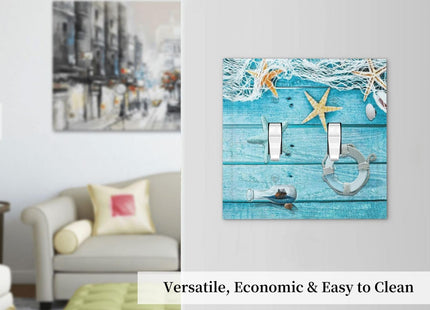 Turquoise Teal Fishing Net Wood Plank 2 Gang Double Toggle Light Switch Cover Electric Wall Plate Electrical Faceplate for Bathroom Home Living Room Jumbo Size Decor