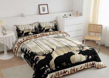 Feelyou Western Rustic Bear Deer Elk Comforter Set, Wooden Farmhouse Bedding Toddler, Hunting Wild Animal Quilt Forest Wildlife Hunting Bedding Comforter Sets Kids Boys Teens Adult Men Bedroom Decor