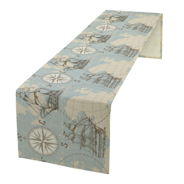 Nautical Table Runner Vintage Map Sailboat Art Printed Runner for Home Kitchen Dining Table Living Room Decor Fabric 1 Panel W13xL108in