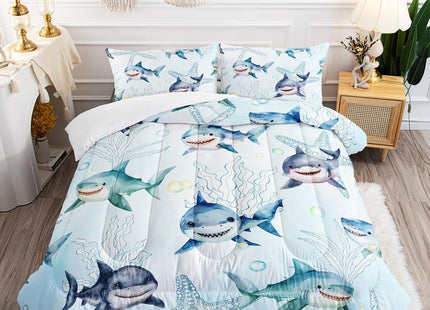 XYNHML Boys Blue Ocean Shark Comforter Set Full Size Shark Starfish Bedding Sets Seaweed Quilt Bed Set for Kid Girls with 1 Comforter and 2 Pillowcases