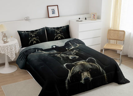 Castle Fairy Wild Animals Comforter Set Twin Size,Bear Deer and Eagle Bedding Set 2Pcs for Kids Boys Teens Adult Room Decor,Wildlife Hunting Quilt Set Dark Pine Tree Print Duvet Insert,1 Pillowcase