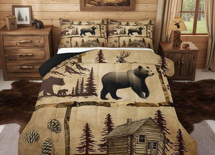 Feelyou Lodge Cabin Comforter Set Toddler Size Gray Bear Pine Tree Silhouette Pattern Quilted Duvet with 1 Pillowcases+1 Wild Animal Western Jungle Style Bedding for Teens Adults 2 Pcs
