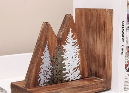 NIKKY HOME Heavy Duty Non Slip Rustic Woodland Mountain Wood Bookend Forest Book Ends Book Stoppers for Cabin Decor Home and Office Shelves Children