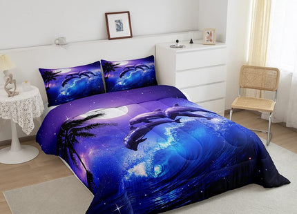 Castle Fairy Dolphin Comforter Set for Boys Girls Kids Teens,3-Pieces Ocean Waves Bedding Comforter Full Size,Moonlight at Night Printed Quilt Set with 2 Pillowcases