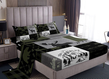 Hunting Rustic Lodge Bed Sheet Twin, Deer Bear Patchwork Sheet Set Retro Cabin Lodge Fitted Sheet For Kids Teens Adult Men, Camping Moose Elk Flat Sheet 3 Pieces With 1 Pillow Case, Grey Black
