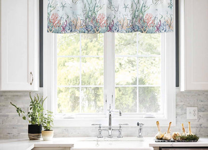 SODIKA Kitchen Curtain Valance for Windows Nautical Theme Seashell Starfish Coral Ocean Blue 1 Panel, 54 x 18 Inch Rod Pocket Valance Window Treatments Short Curtains for Bathroom Bedroom
