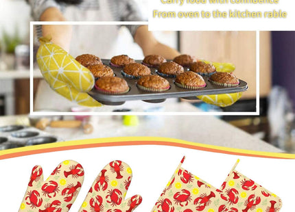 Fun Lobster Lemon Crab Oven Mitts and Pot Holders Sets, 4pcs Silicone Non-Slip Kitchen Mitts Potholders Heat Resistant BBQ Gloves Hot Pads for Cooking Grilling Baking Chef Gifts Decor