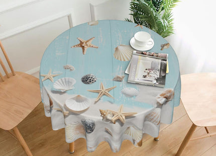 mutakin Starfish on Blue Wooden Board Tablecloth Summer Sea Round Table Cover Washable Table Cloth for Home Kitchen Party Picnic 60 Inch