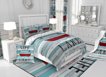 Lake House Comforter Set Twin, Paddle Boat Bedding for Kids Girls Lake Lovers, Rustic Farmhouse Style Down Comforter, Retro Wooden Board Duvet Insert, Home Decor, Dark Red Blue